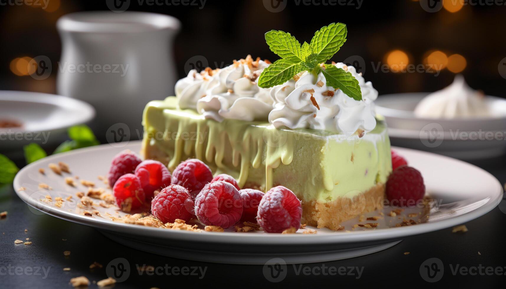 AI generated A gourmet dessert plate with fresh berry fruit and cream generated by AI photo