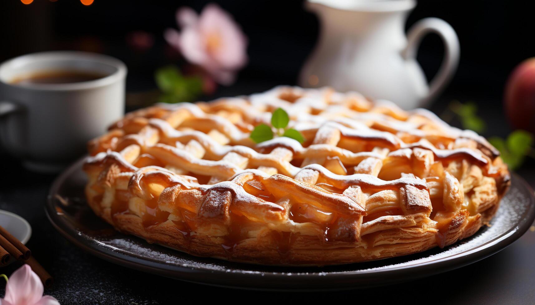 ai generado Fresco hecho en casa dulce tarta en rústico madera mesa con café generado por ai foto