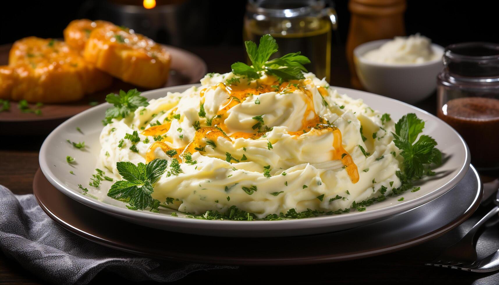 AI generated Freshness and gourmet meal on a close up plate with parsley generated by AI photo
