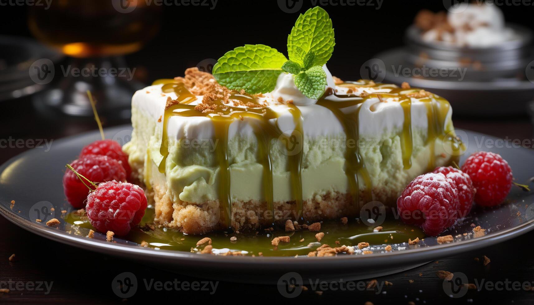 AI generated Fresh raspberry cheesecake with mint leaf decoration on wooden plate generated by AI photo