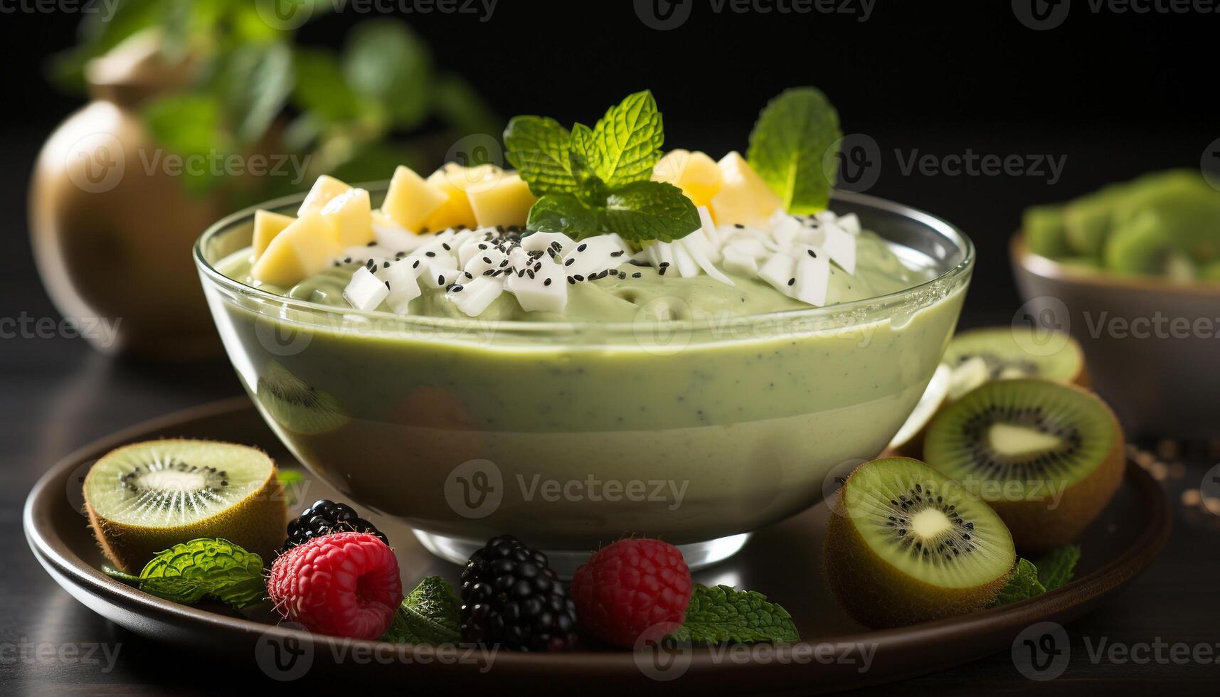 AI generated Fresh fruit salad with yogurt, mint leaf, and raspberry garnish generated by AI photo