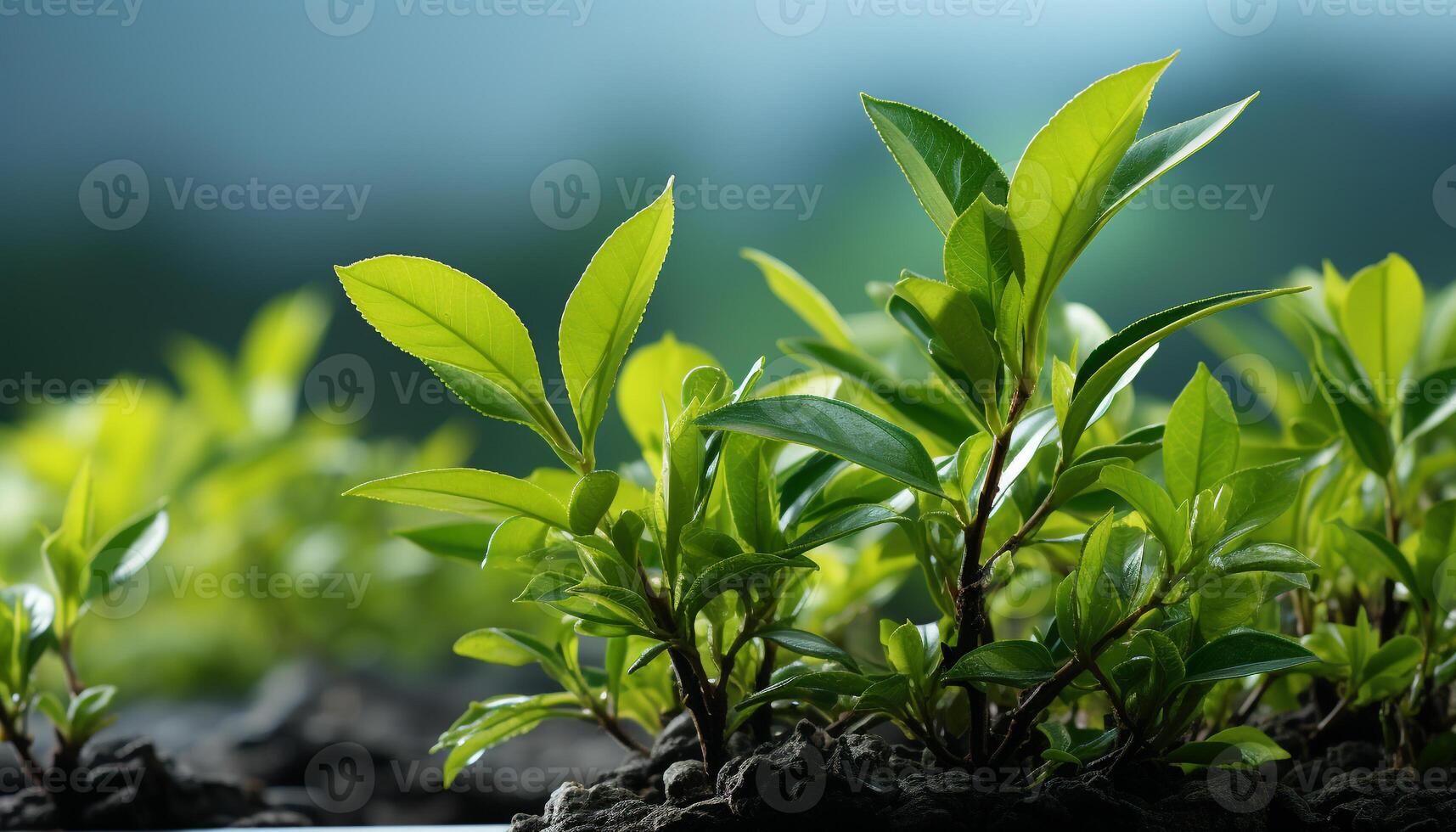 AI generated Fresh green leaves grow in the vibrant summer sunlight generated by AI photo