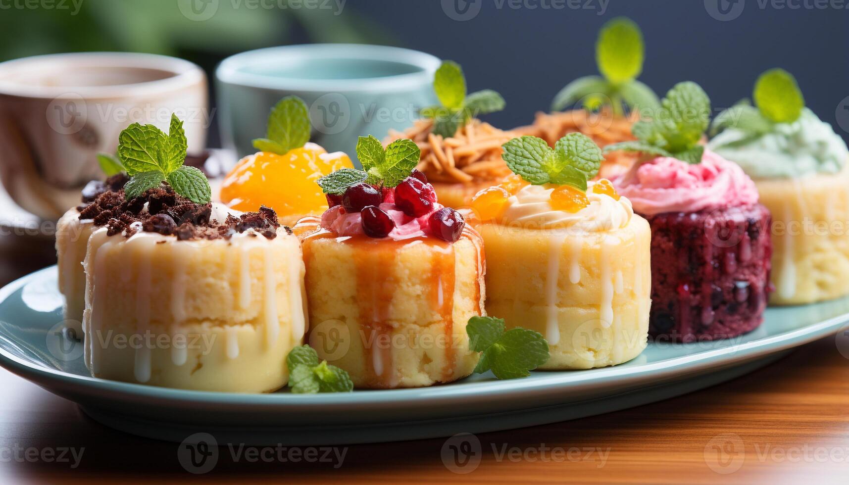AI generated Homemade cheesecake slice with fresh berries on a wooden plate generated by AI photo