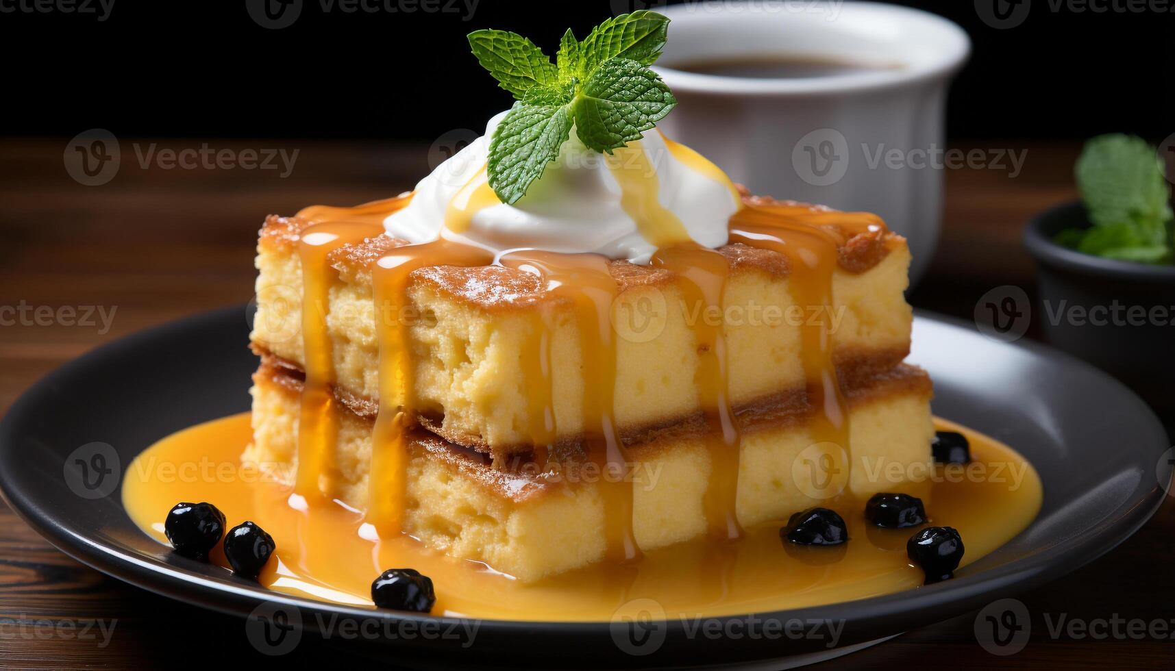 AI generated A gourmet dessert plate with a fresh slice of sweet cheesecake generated by AI photo