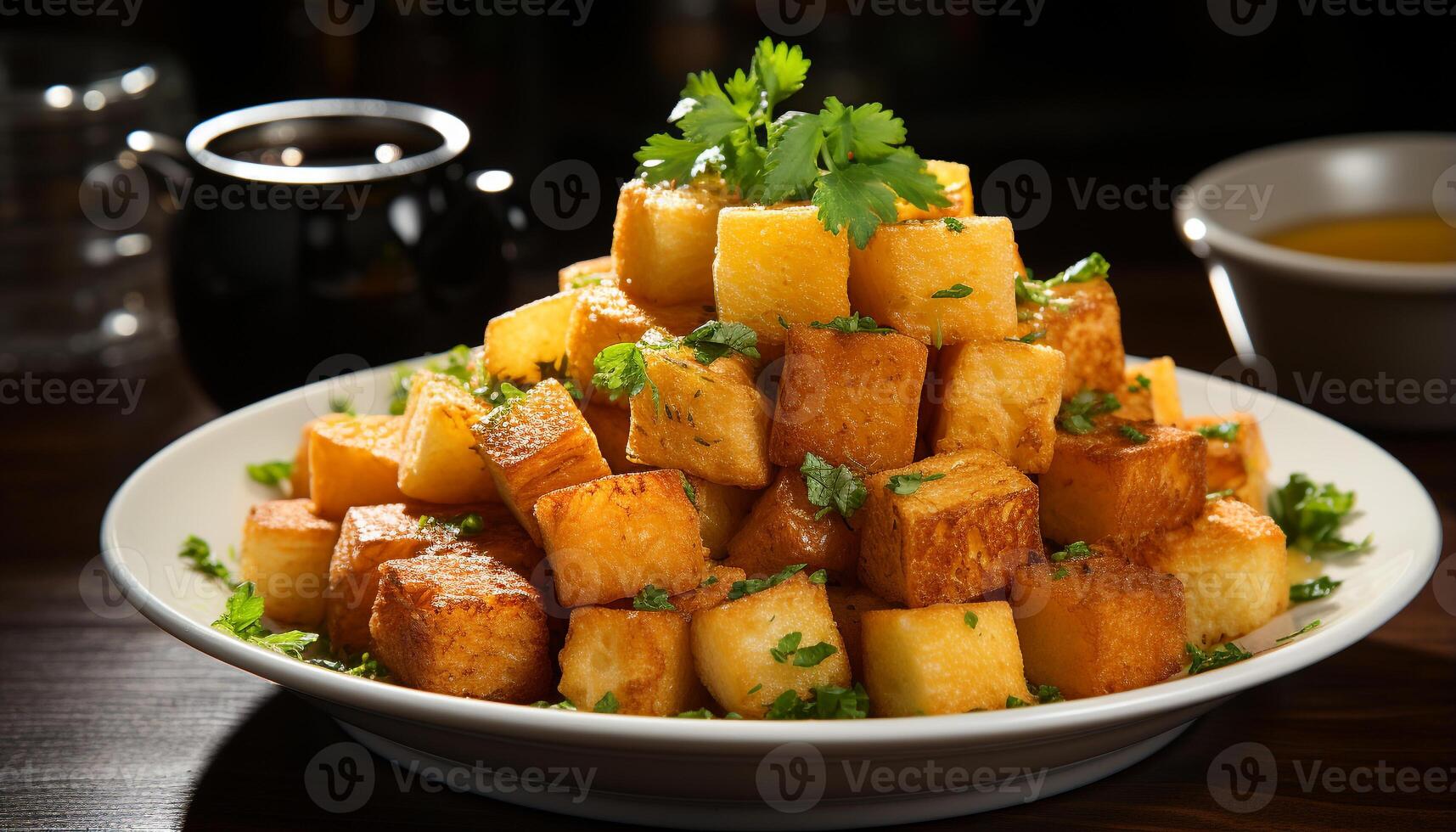 AI generated Freshness and gourmet meal on crockery, healthy vegetarian food generated by AI photo