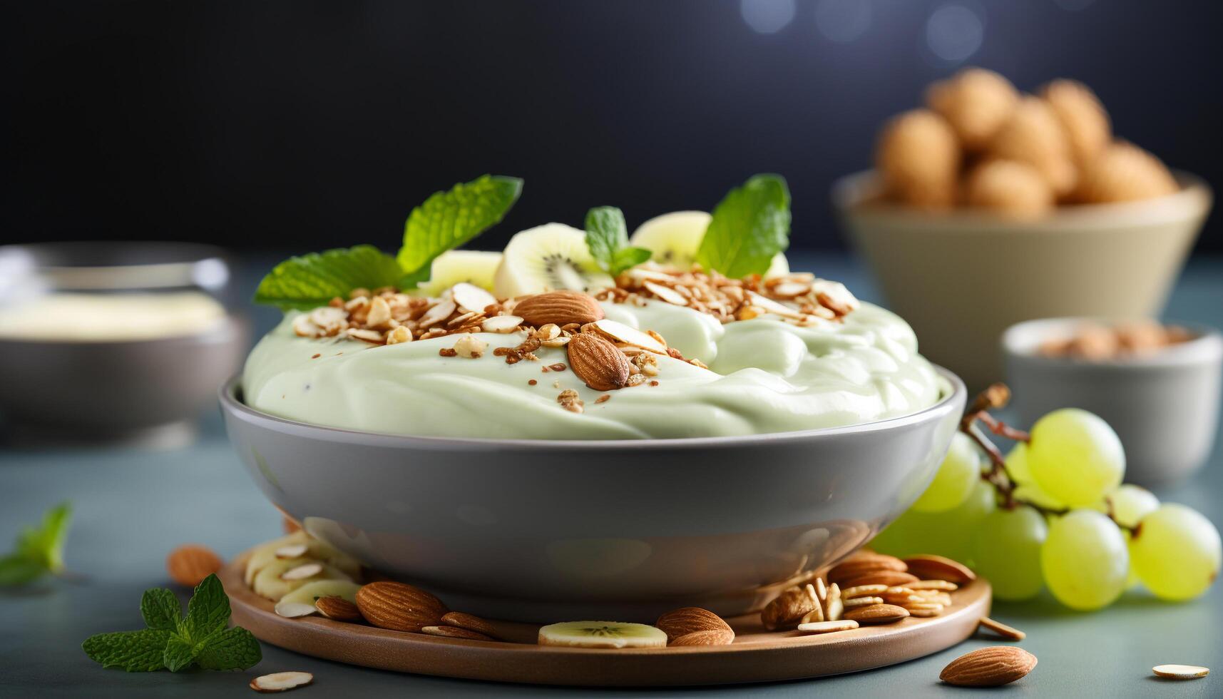 AI generated Fresh fruit bowl with almond yogurt, sweet and healthy snack generated by AI photo
