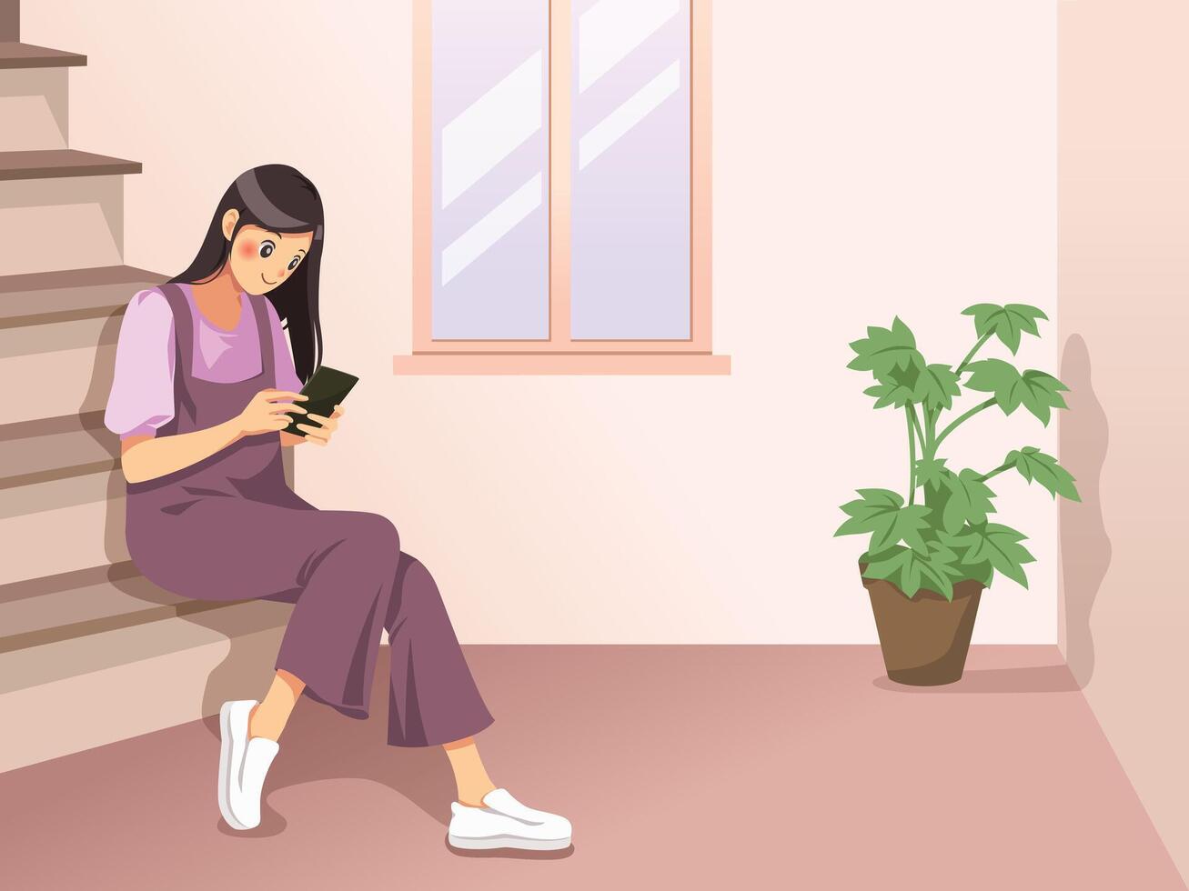 Women in the house sitting using mobile phones on stairs vector