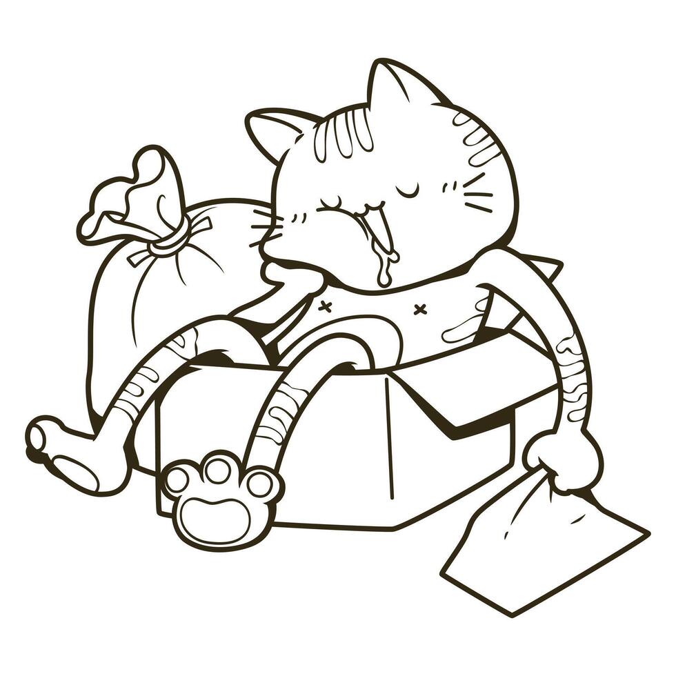 A cat sleeping in a paper box doodle style vector