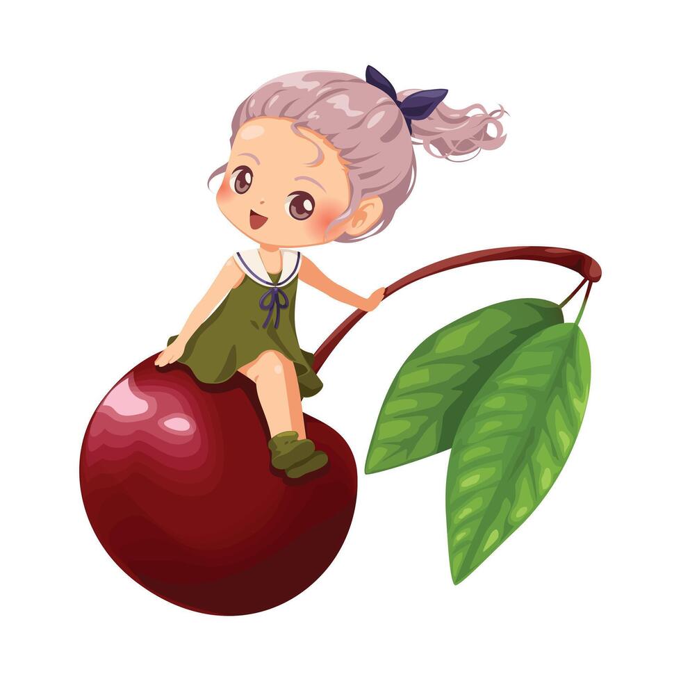 Vector cartoon illustration of a girl sitting on a large cherry