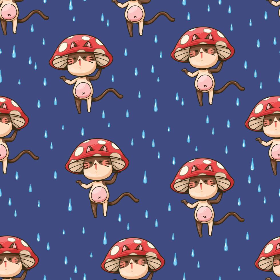 Seamless pattern cat wearing a mushroom hat and raindrops cartoon vector