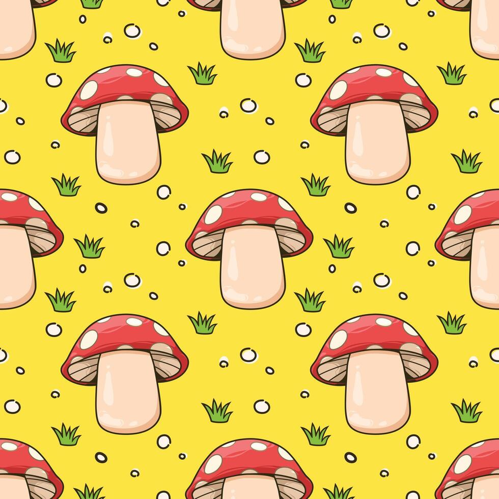 Seamless pattern mushrooms and grass cartoon vector