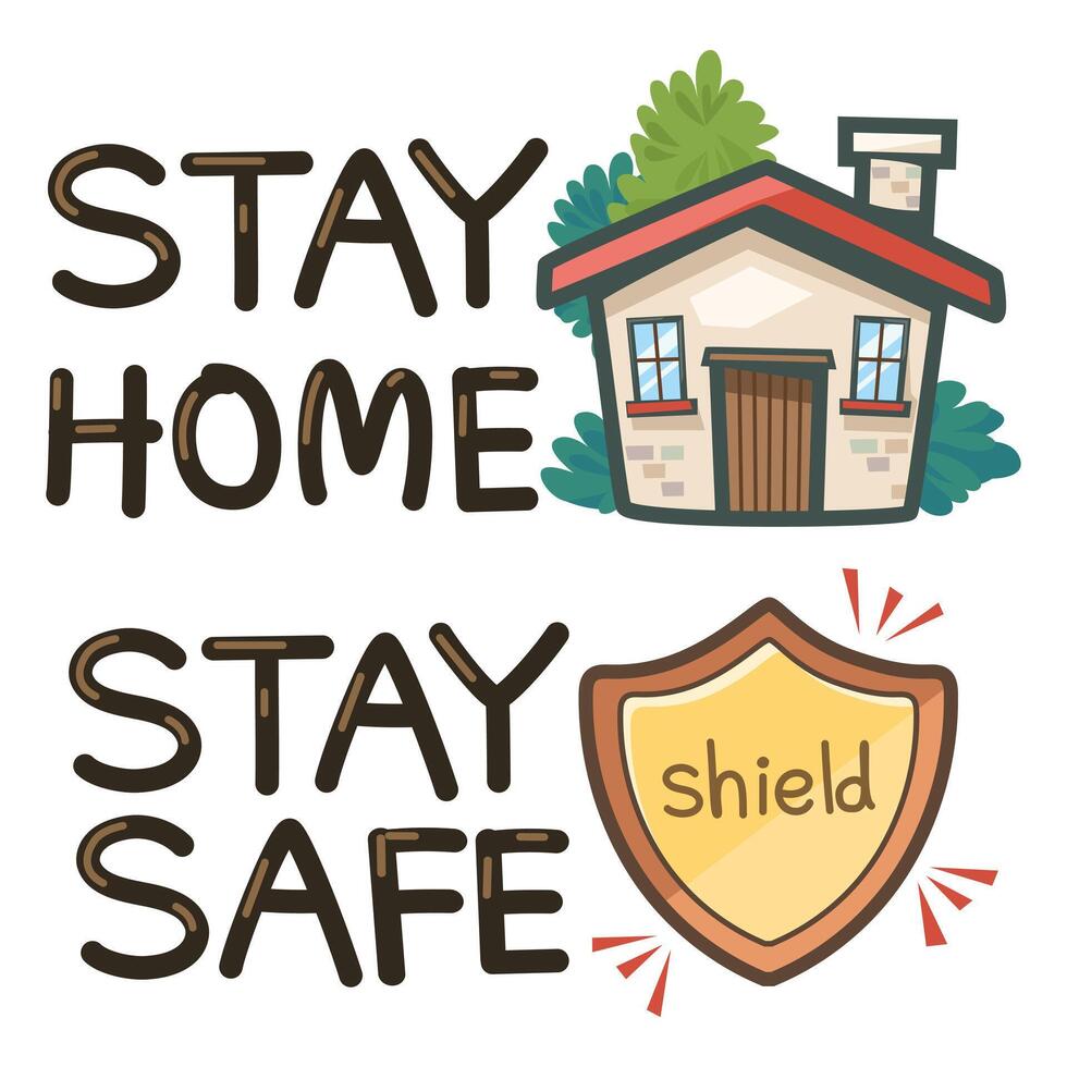 The words stay at home and stay safe with illustrations vector