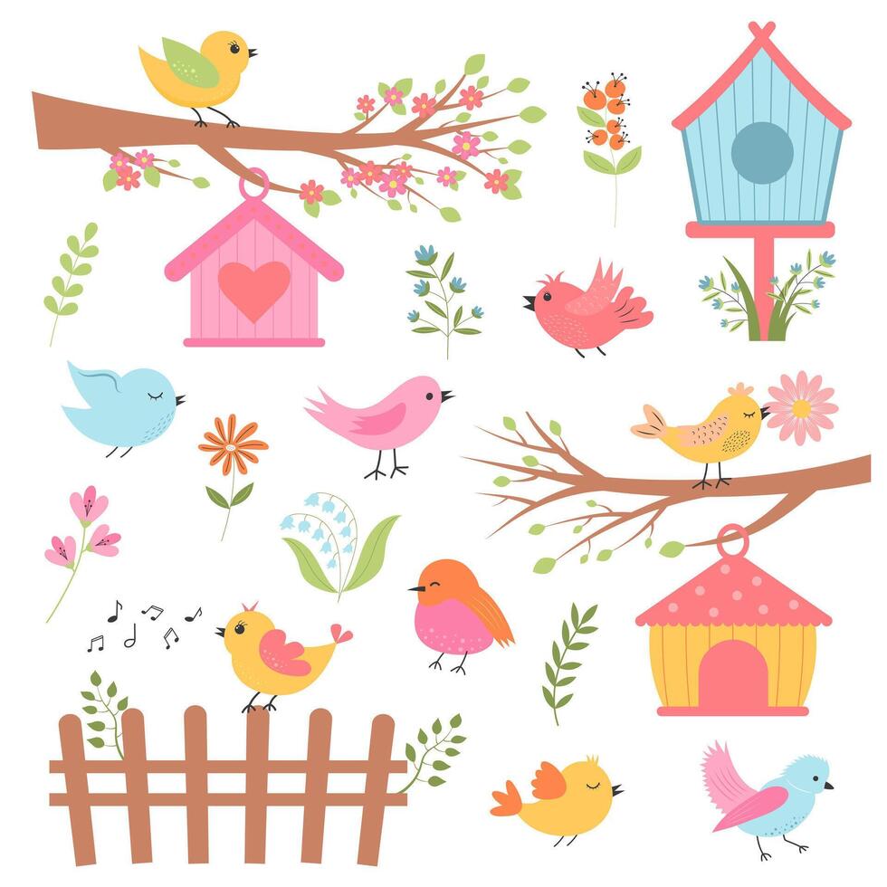 Cute birds, colorful bird houses, flowers and twigs set. Springtime, forest, gardening concept. vector