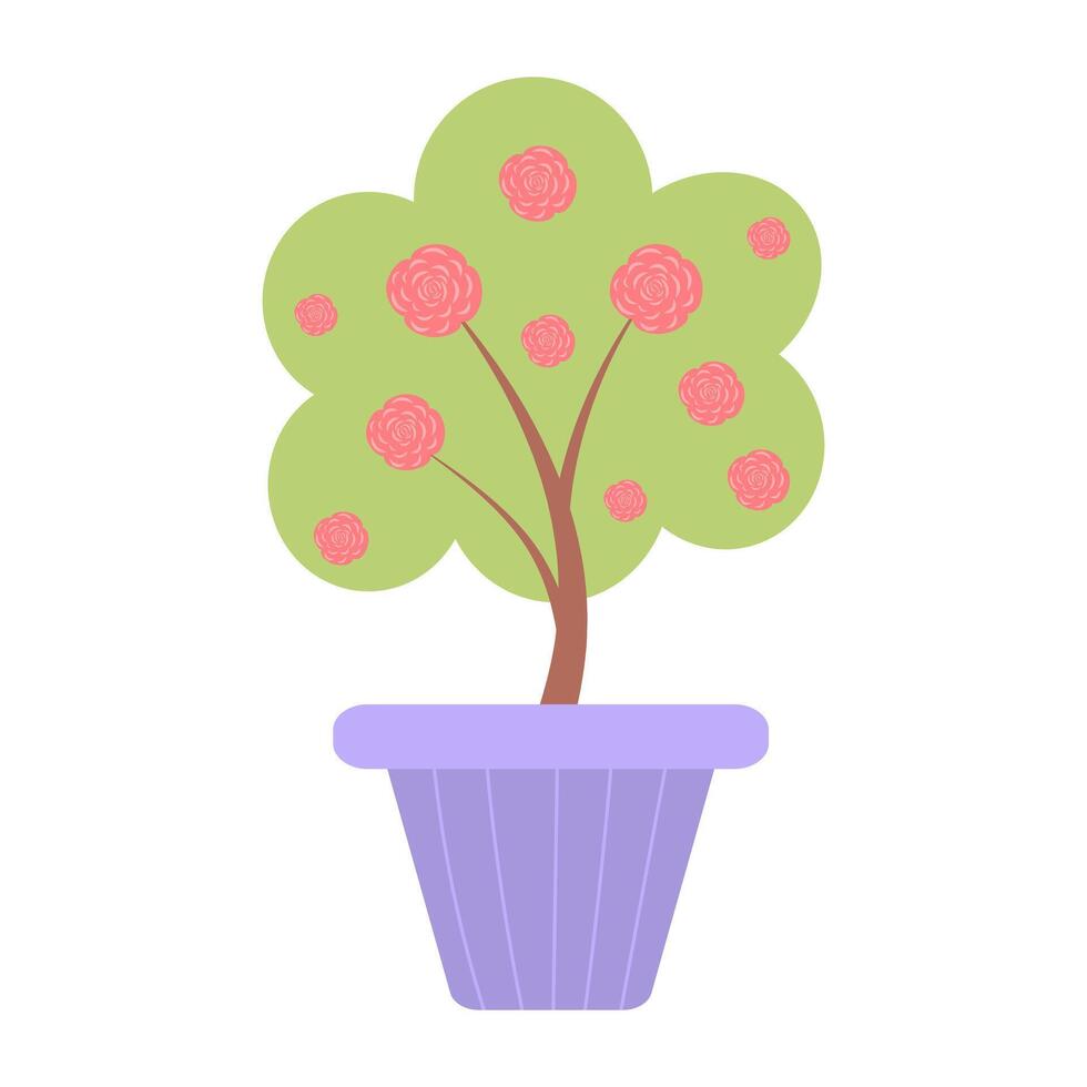 Tree with blooming roses in a pot. Vector illustration isolated on white background.