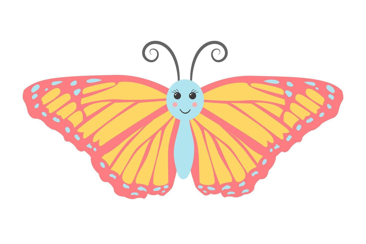 Kawaii butterfly. Cute colorful butterfly character. Vector illustration isolated on white background.