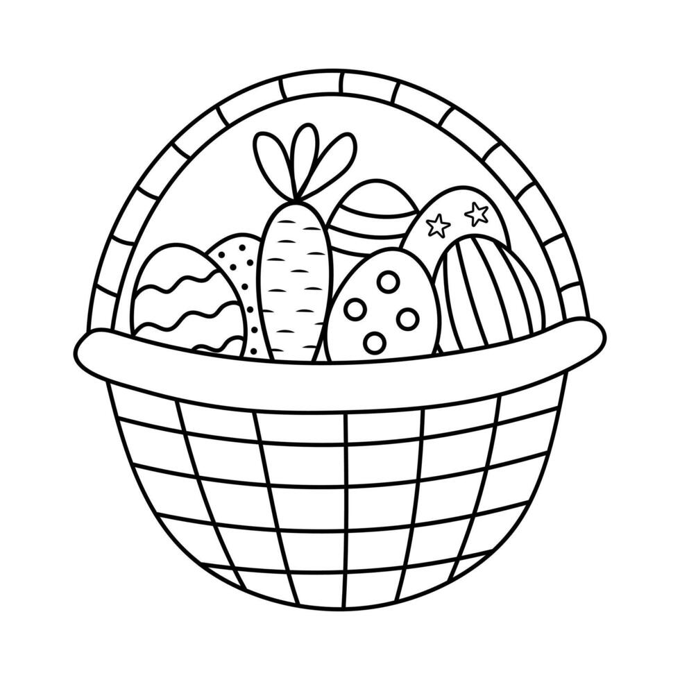 Cute doodle basket with Easter eggs and carrot. Vector linear illustration.