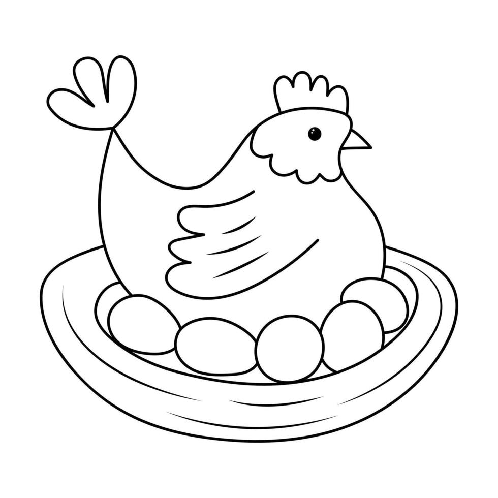 Cute hen sitting on nest with eggs. Doodle chubby chicken. Vector linear illustration.
