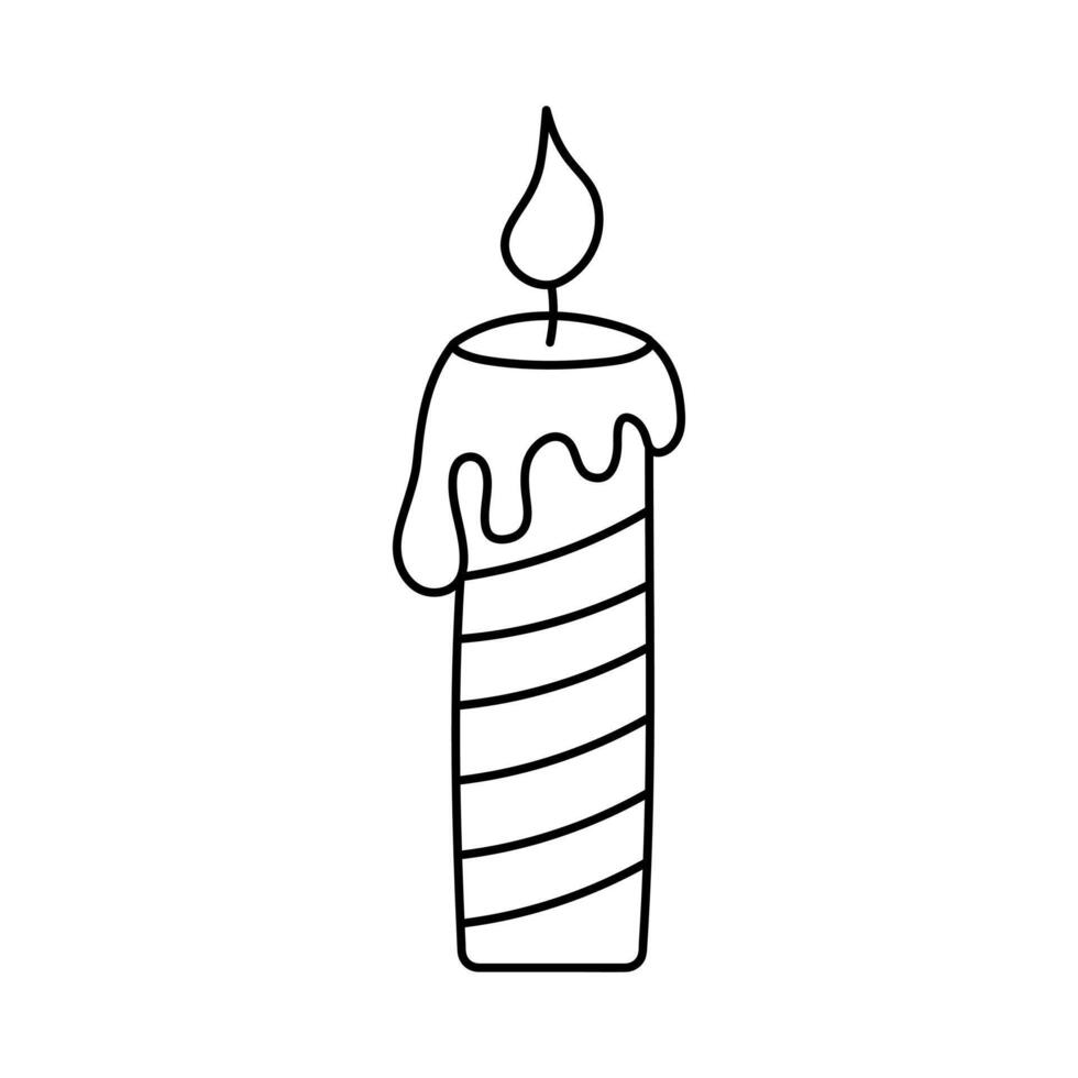 Doodle candle. Burning hand drawn candle with wax. Vector linear illustration.