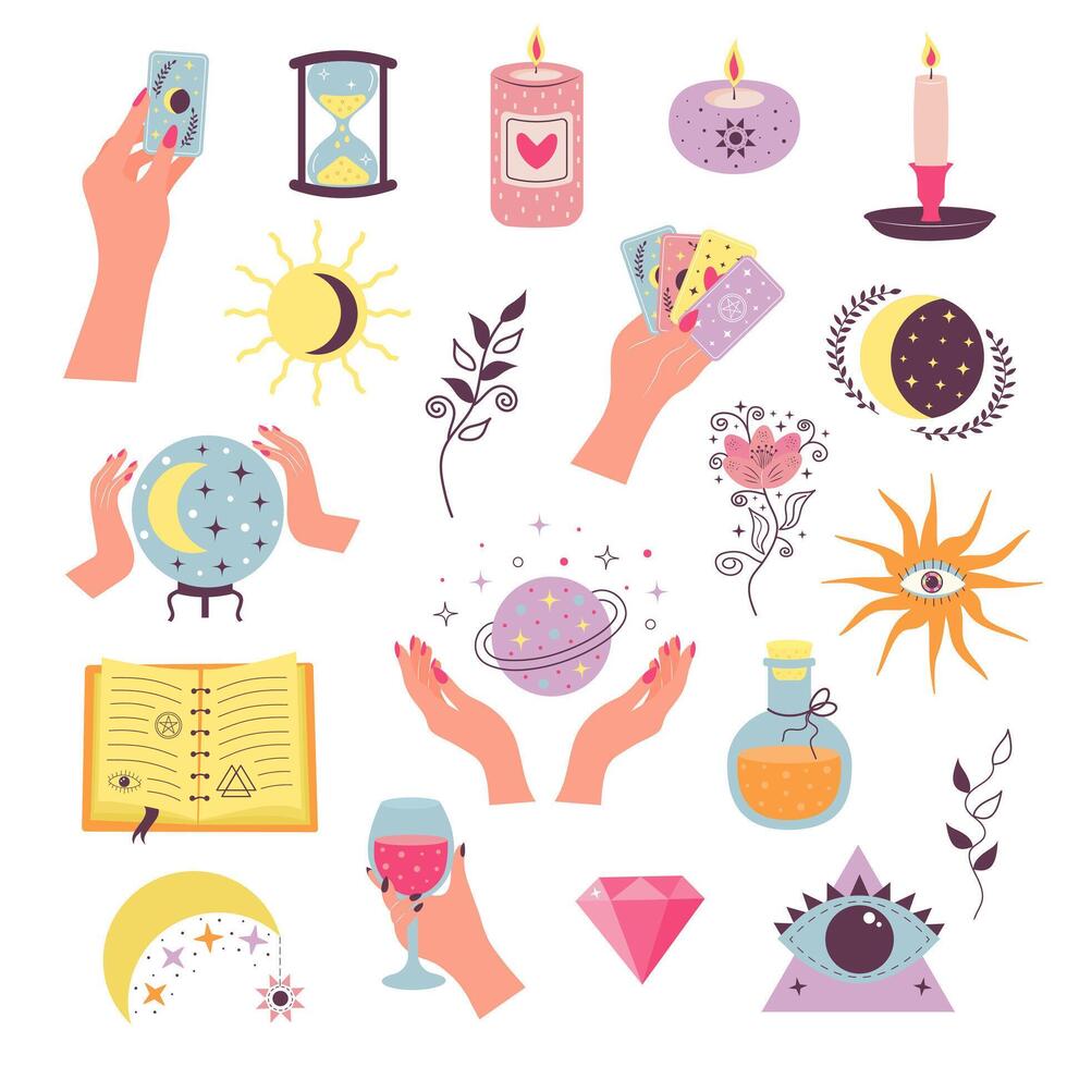 Set of alchemy esoteric mystical magic elements. Witchcraft magical stickers. Flat vector illustration.