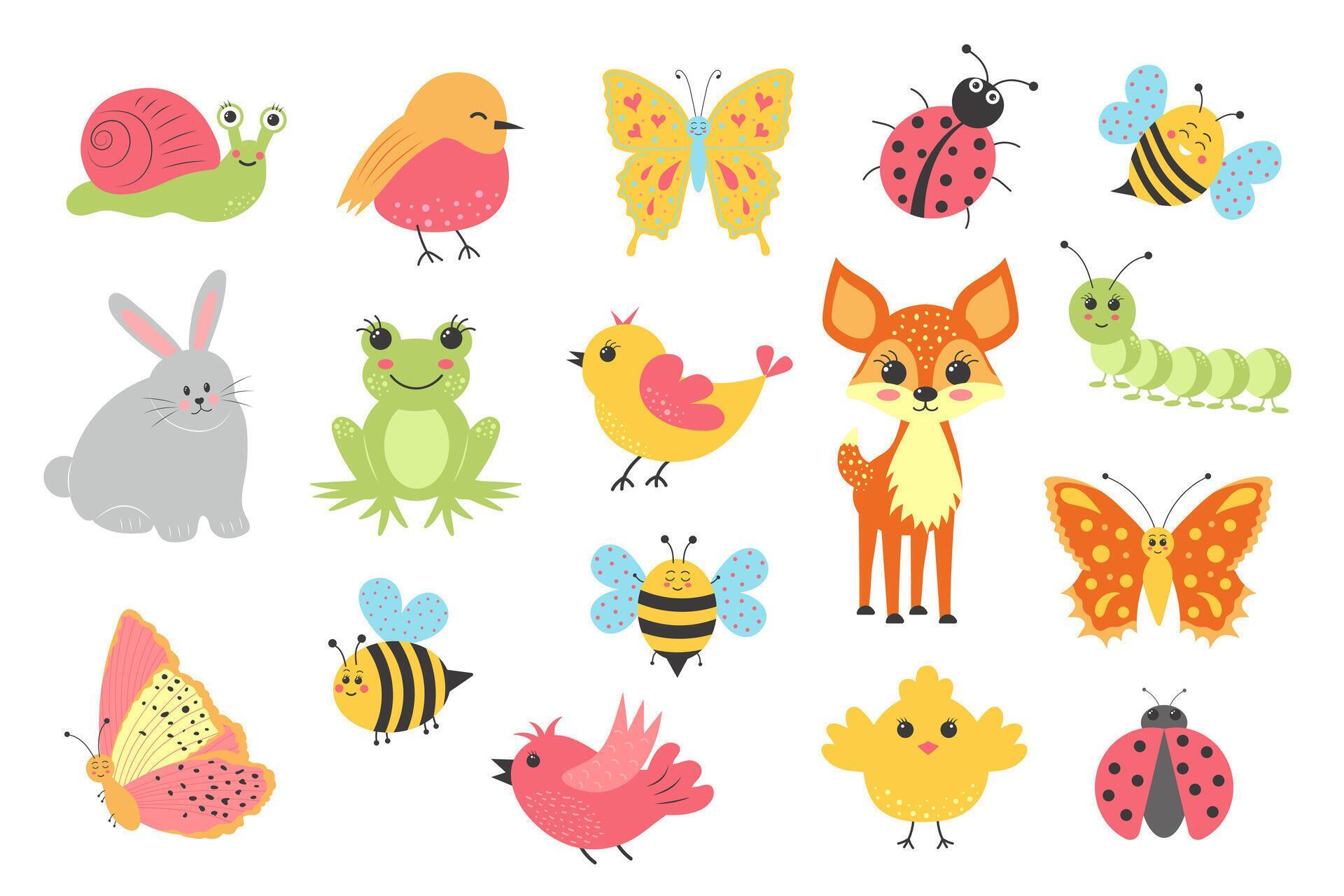 Cute spring animals set. Insects, birds and animals found in nature ...