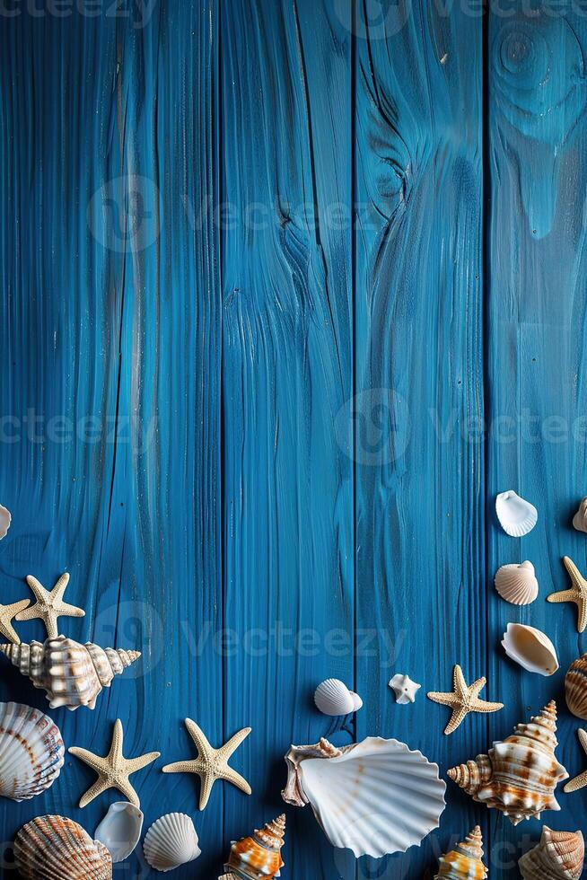 AI generated collection of various seashells and starfish on a light blue wooden background top view with copy space, vertical summer flat lay frame design photo