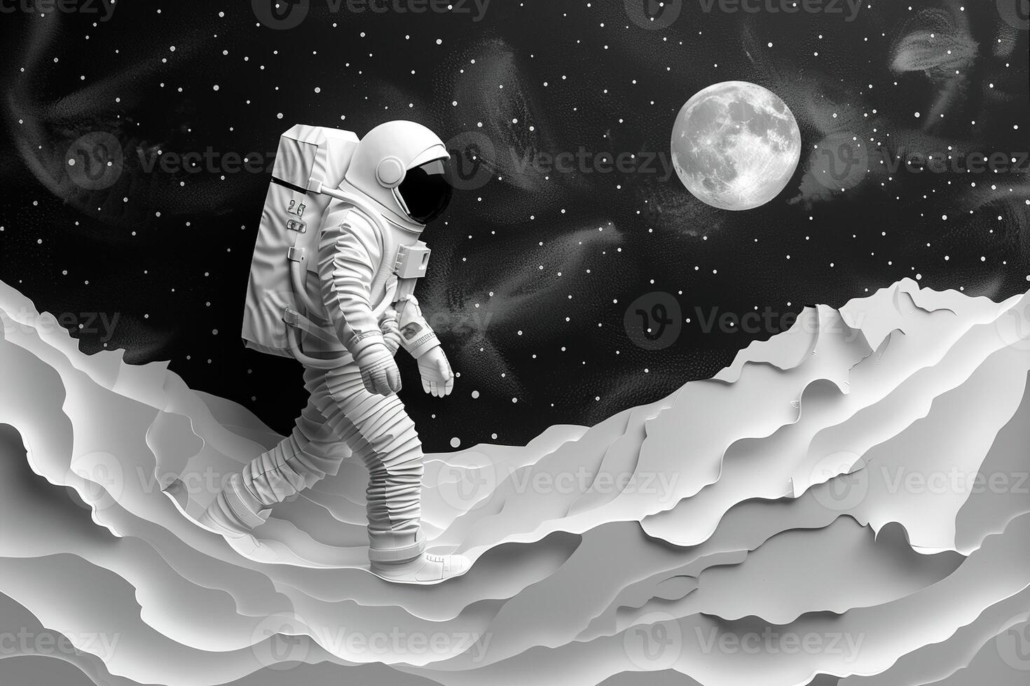 AI generated Abstract monochrome black and white paper cut style illustration of an astronaut walking on an alien planet photo