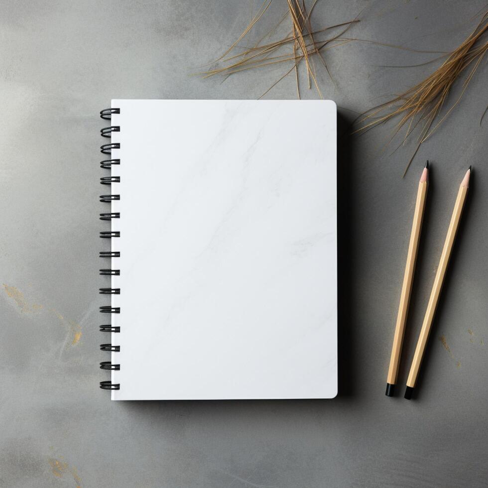 AI generated Sleek simplicity White notebook on a cool, gray concrete background For Social Media Post Size photo
