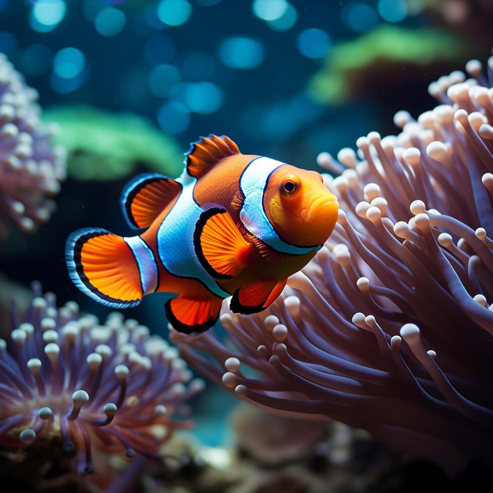 AI generated Ocean beauty Vibrant clown fish navigate a lively coral environment For Social Media Post Size photo