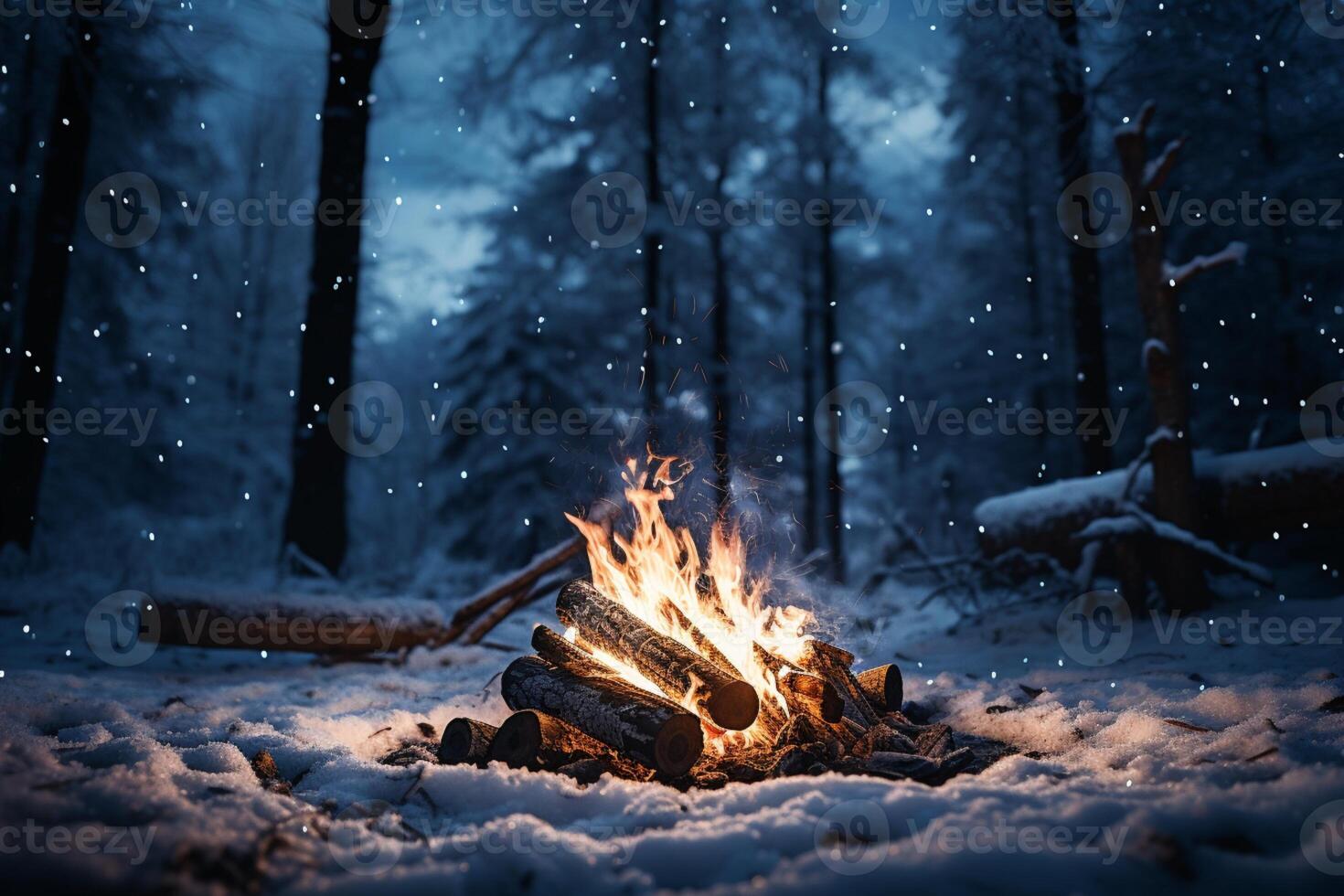 AI generated Winter warmth Bonfire in snowy forest with falling snowflakes photo