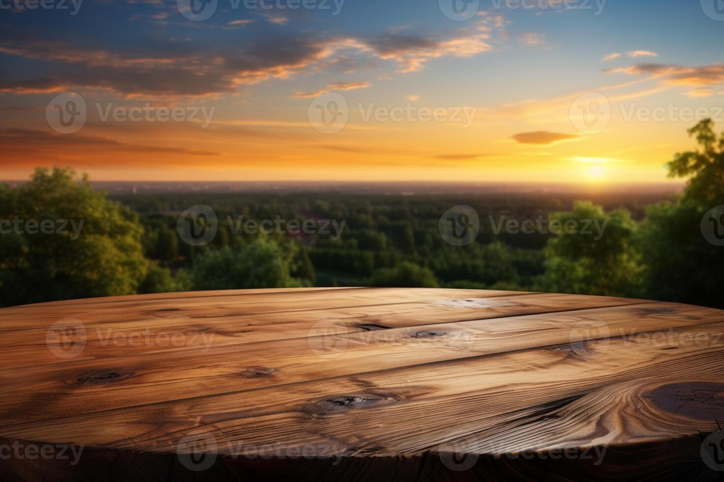 AI generated Natures canvas Wooden table ready for product display at sunset photo