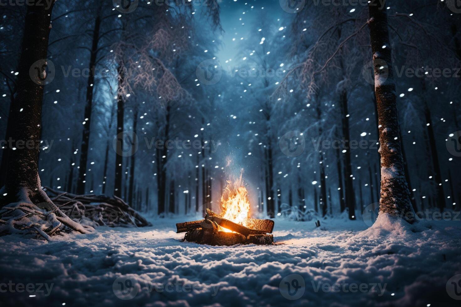 AI generated Nighttime blaze Bonfire illuminates winter forest amid falling snowflakes photo