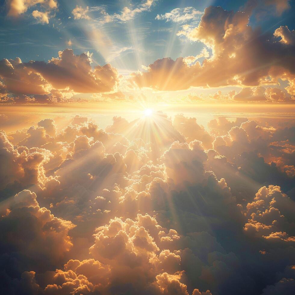 AI generated Heavenly revelation Sunlight pierces cloudy veil, unveiling a tranquil panorama For Social Media Post Size photo