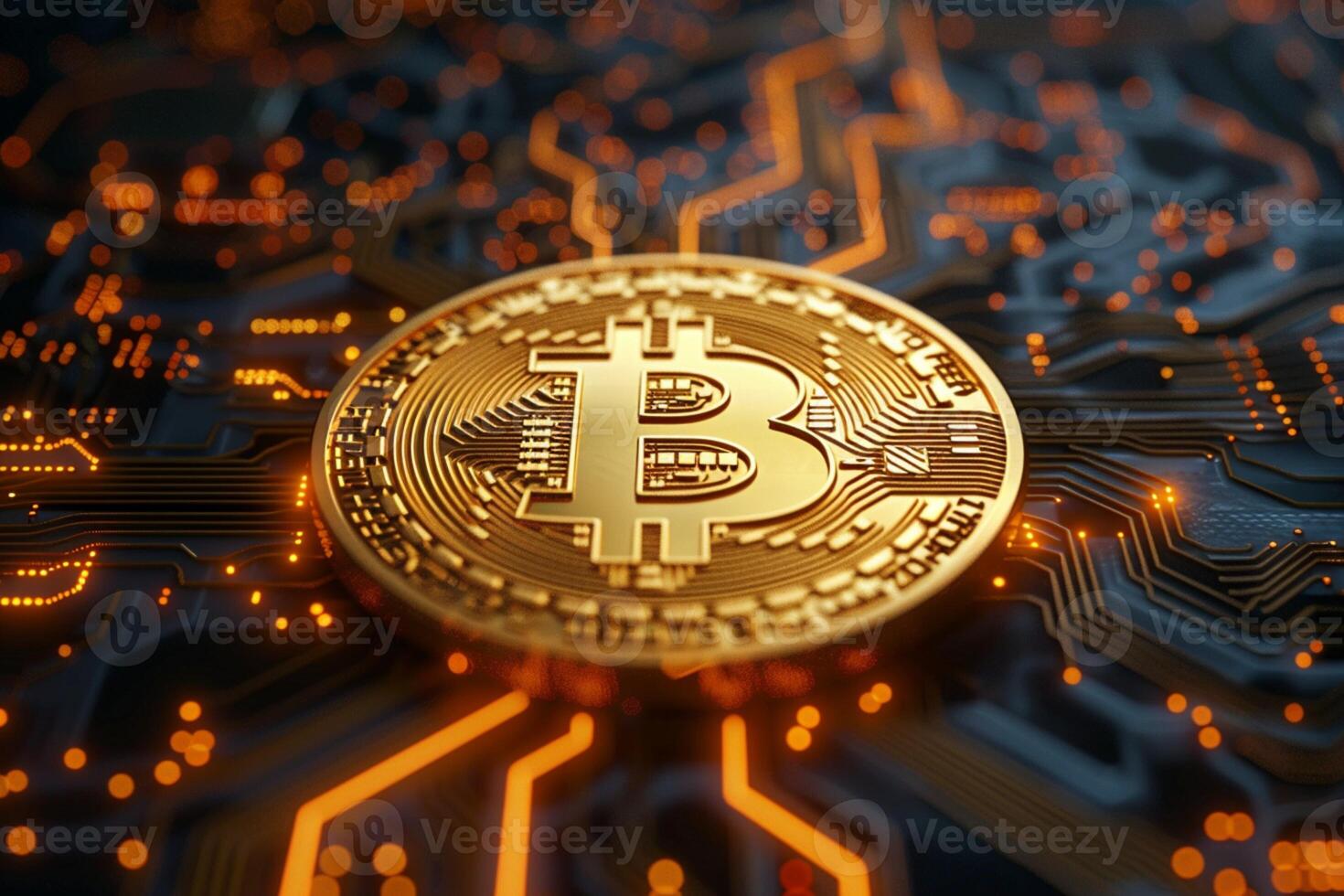 AI generated Digital currency symbol Bitcoin on electronic circuit, 3D rendering business concept photo