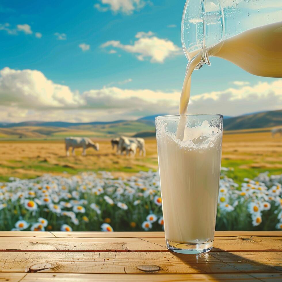 AI generated Milk pouring into a glass on a wooden floor, cows grazing For Social Media Post Size photo