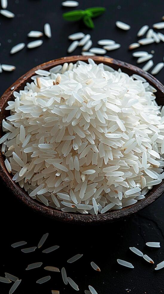 AI generated Jasmine rice, polished and ready for cooking, on black background Vertical Mobile Wallpaper photo