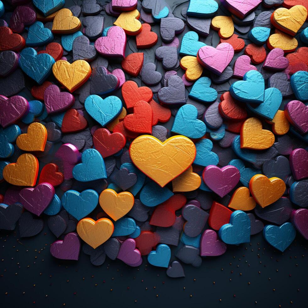 AI generated Valentines mosaic Colorful heart shaped objects on textured dark surface background For Social Media Post Size photo