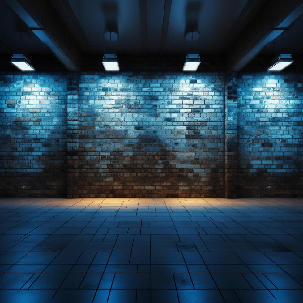 AI generated Minimalist ambiance Empty room with brick wall and blue spotlights For Social Media Post Size photo