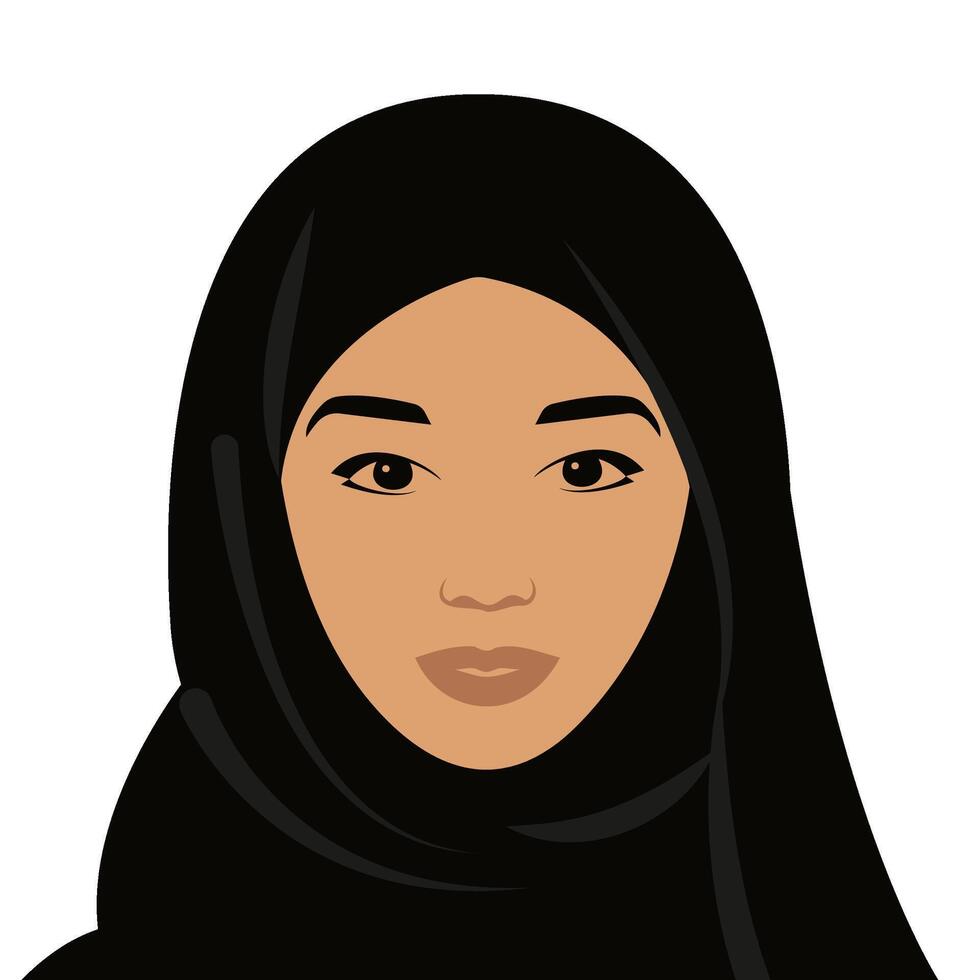 Arab woman portrait in traditional head wear. Black headgear and cloth. Head covered. Looking forward. Front view of head and face. Isolated. vector