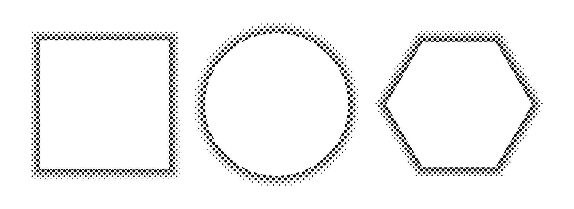 Circle, square and polygon dot frame set. Half tone dots border. Pop art dot gradient frame design. Speech bubble, backdrop. Modern comics book and manga art. Copy space. vector