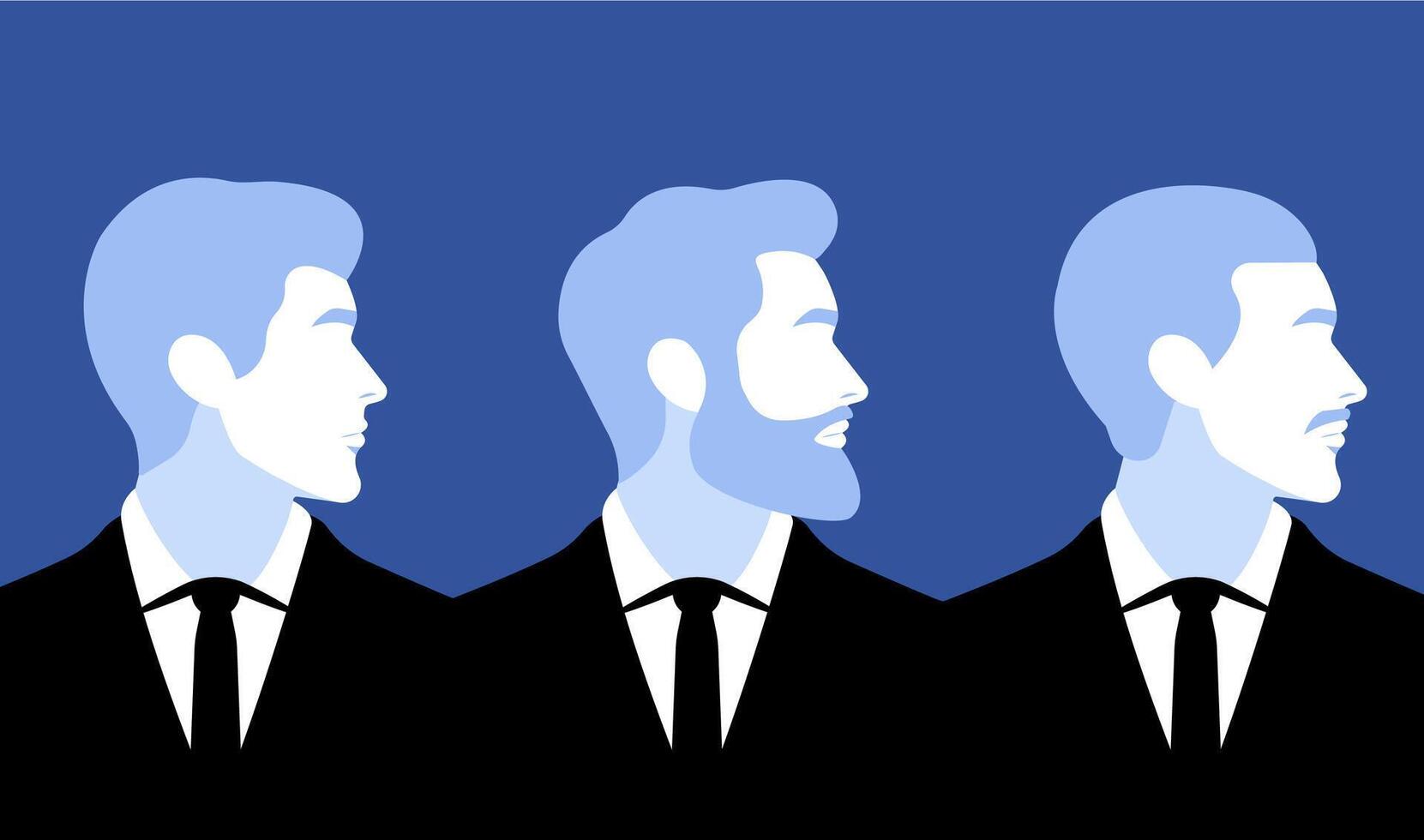 Row of men silhouettes in profile. Business men profile portraits. Formal wear, necktie and various hairstyles. Presenting a diverse range of professional looks. vector