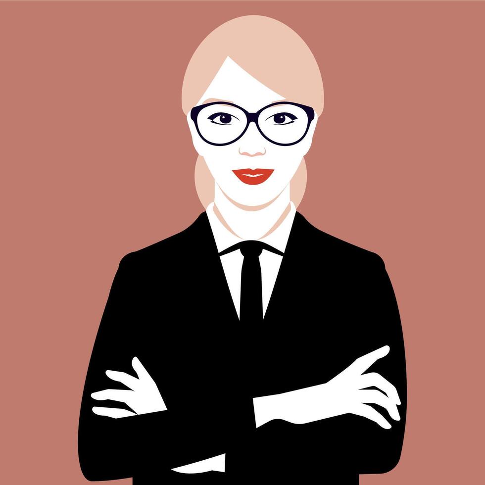 Businesswoman wearing glasses. Standing with crossed arms and a warm smile. Confident and professional. Front view head and chest. Success and positivity. vector