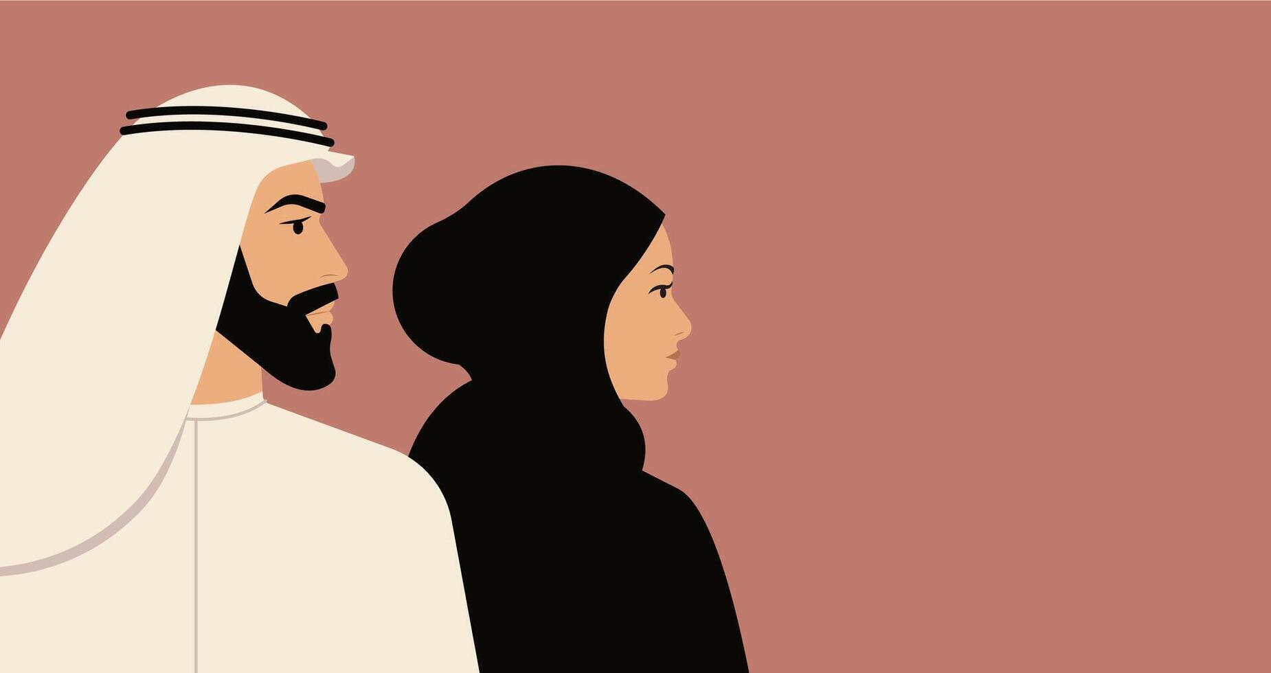 Muslim man and woman profiles. Head and chest view. Looking same direction. Headdress and traditional culture clothing. Horizontal composition. Middle East people portraits. vector