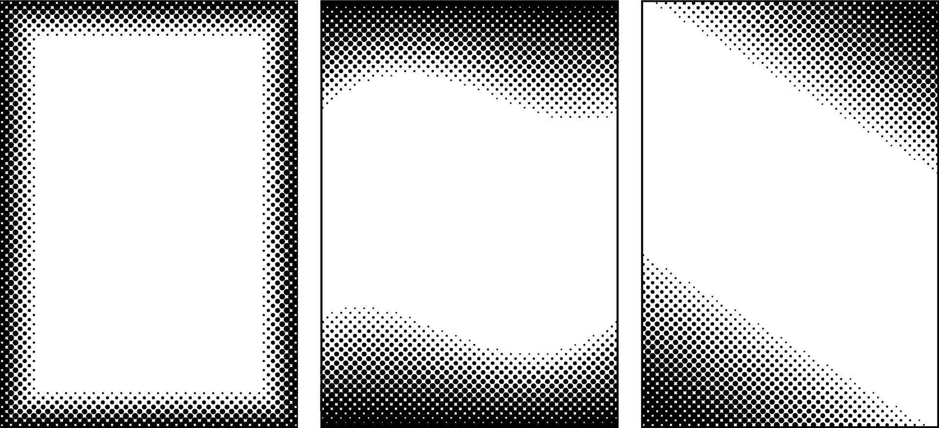 vertical monocromo trama de semitonos punteado marcos colocar. trama de semitonos puntos modelo. sencillo limpiar manga estilo antecedentes borde. monocromo punto degradado marcos blanc sitio para texto en el medio. vector