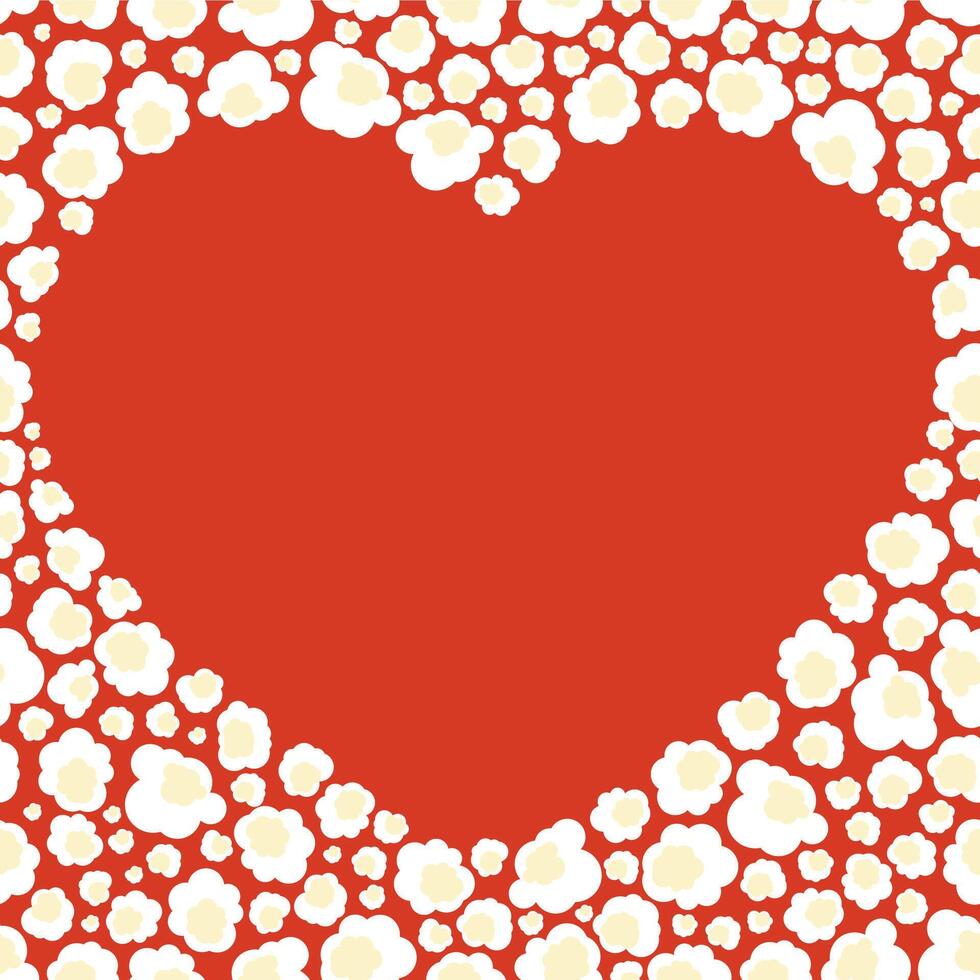 Pop corn heart. Blank place for text in the middle. Different size and shape of popped corn kernels. Red background. Square composition. vector