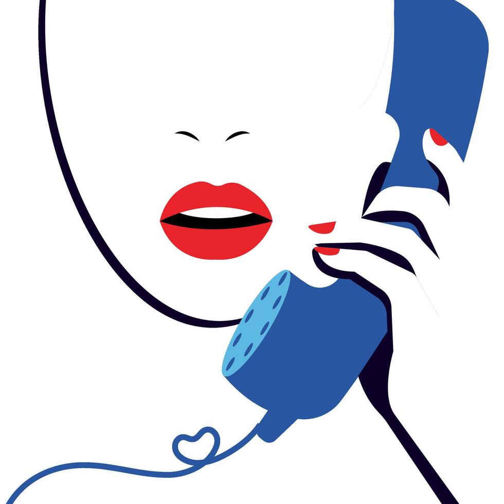 Faceless portrait of woman holding retro telephone handset. Red lips. Opened mouth. Isolated. Simple minimalistic flat style. Element for telecommunication, nostalgia, customer service, call center. vector