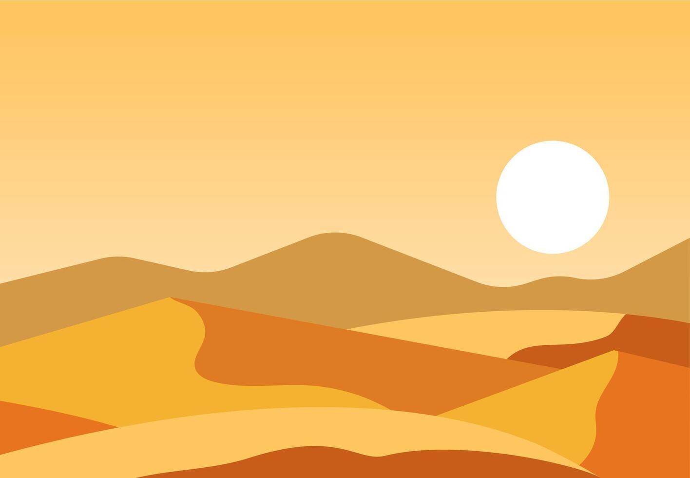 Desert landscape. Minimalistic style. Golden color dunes. Sandy hills and mountains. Round white sun. Modern hot land panorama background. vector