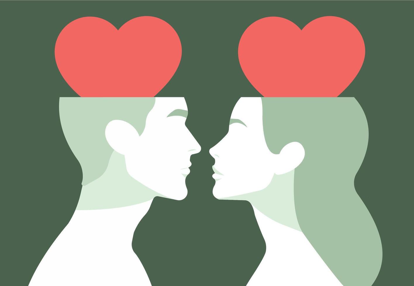 Profile portrait silhouettes of man and woman looking to each other. Shape of heart inside of human head. Heart instead of brains. vector