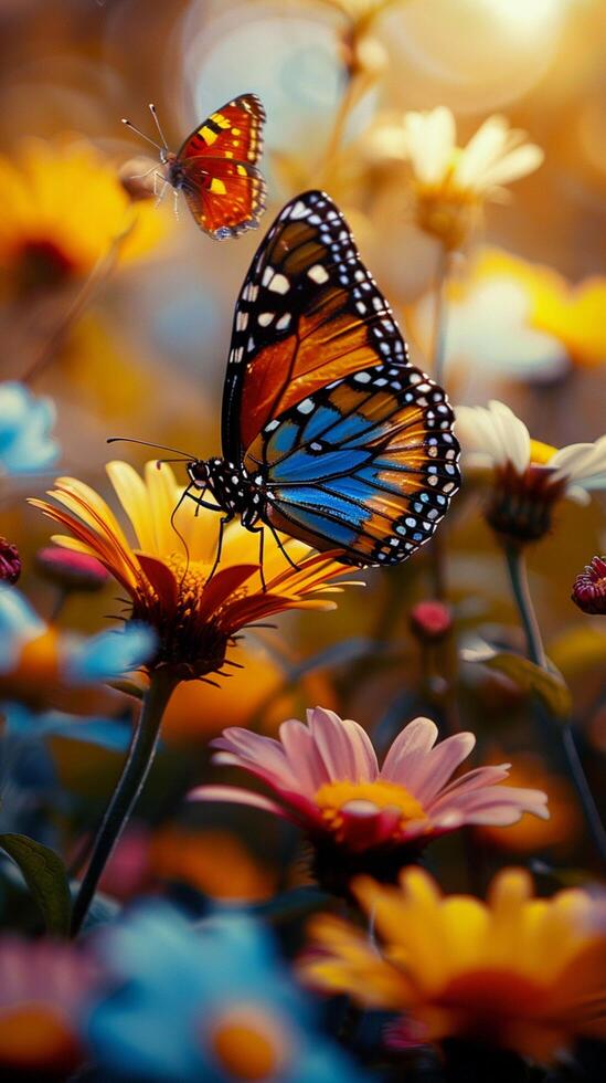 AI generated A symphony of colors Butterflies fluttering around stunning, blossoming flowers Vertical Mobile Wallpaper photo