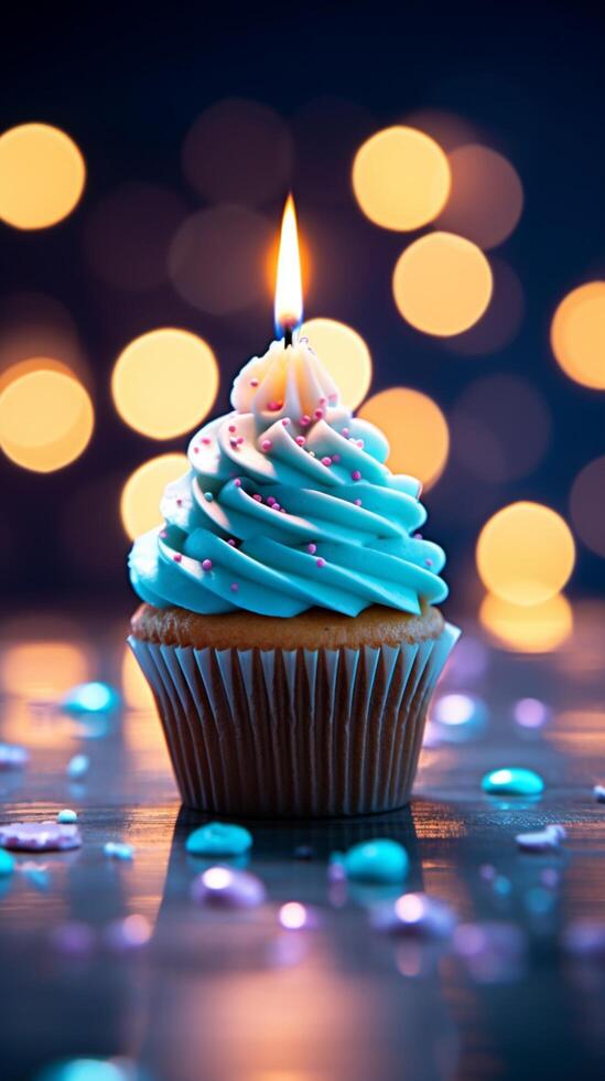 AI generated Candlelit delight Birthday cupcake with blue bokeh background Vertical Mobile Wallpaper photo