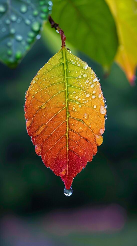 AI generated view Close up leaf adorned with raindrops, a natural symphony in droplets Vertical Mobile Wallpaper photo